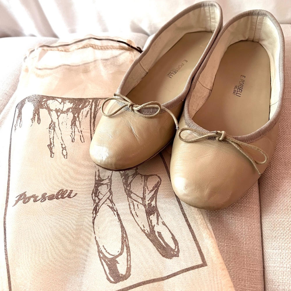 E. PORSELLI Ballet Flat RARE Leather - BEIGE - IT EU size 38 / US 8 w/ dustbag
